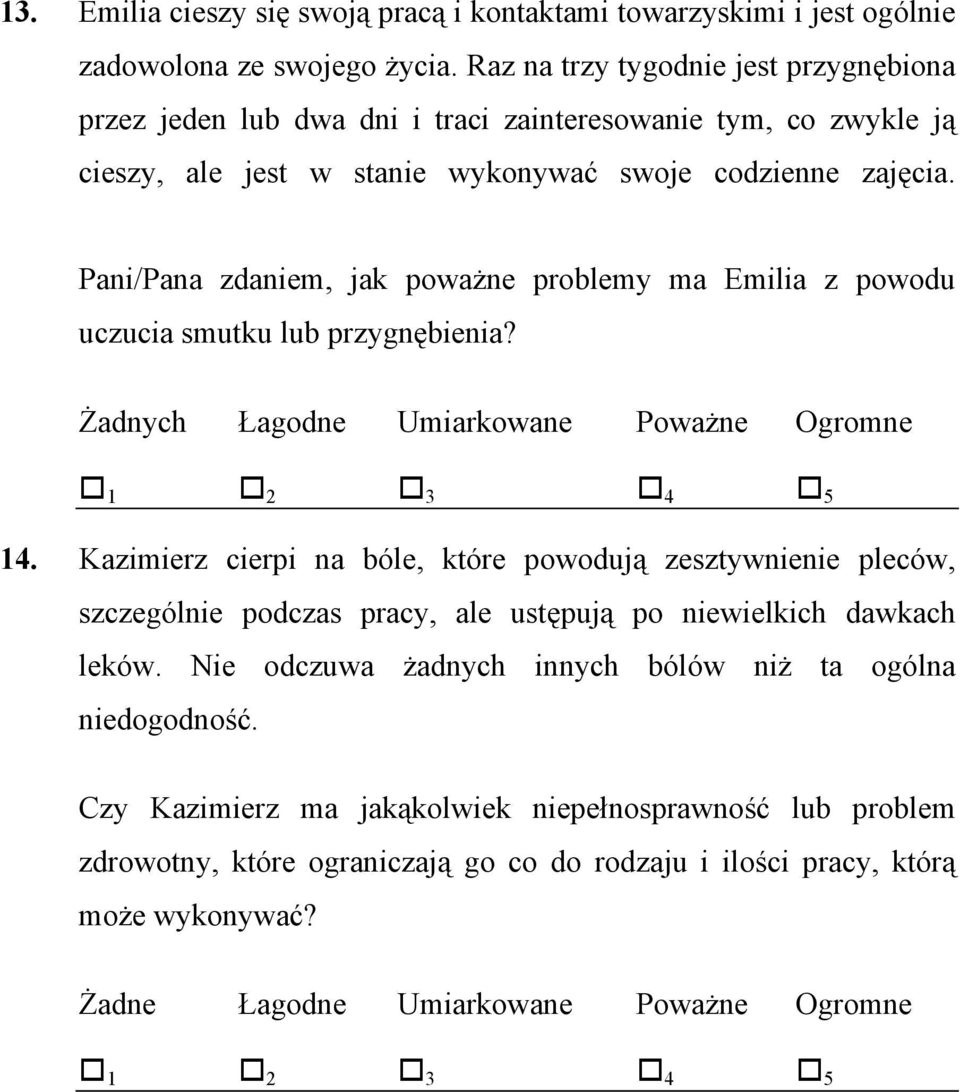 Pani/Pana zdaniem, jak poważne problemy ma Emilia z powodu uczucia smutku lub przygnębienia? 14.