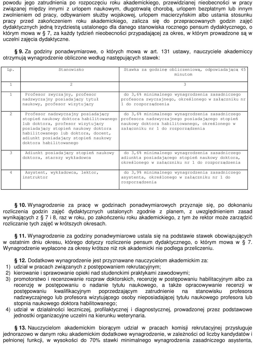 jedną trzydziestą ustalonego dla danego stanowiska rocznego pensum dydaktycznego, o którym mowa w 7, za kaŝdy tydzień nieobecności przypadającej za okres, w którym prowadzone są w uczelni zajęcia