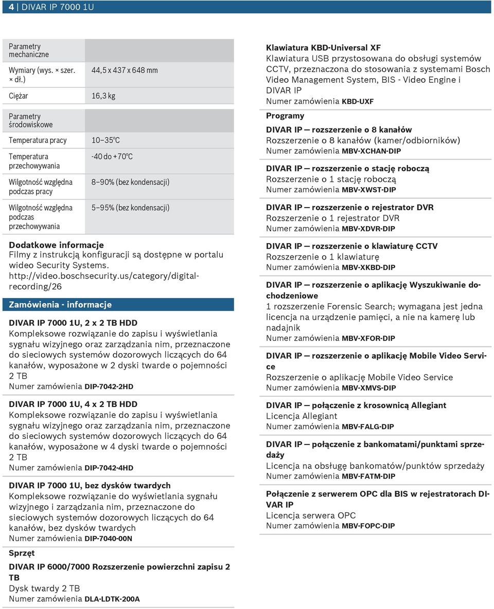 (bez kondensacji) 5 95% (bez kondensacji) Klawiatra KBD-Universal XF Klawiatra USB przystosowana do obsłgi systemów CCTV, przeznaczona do stosowania z systemami Bosch Video Management System, BIS -