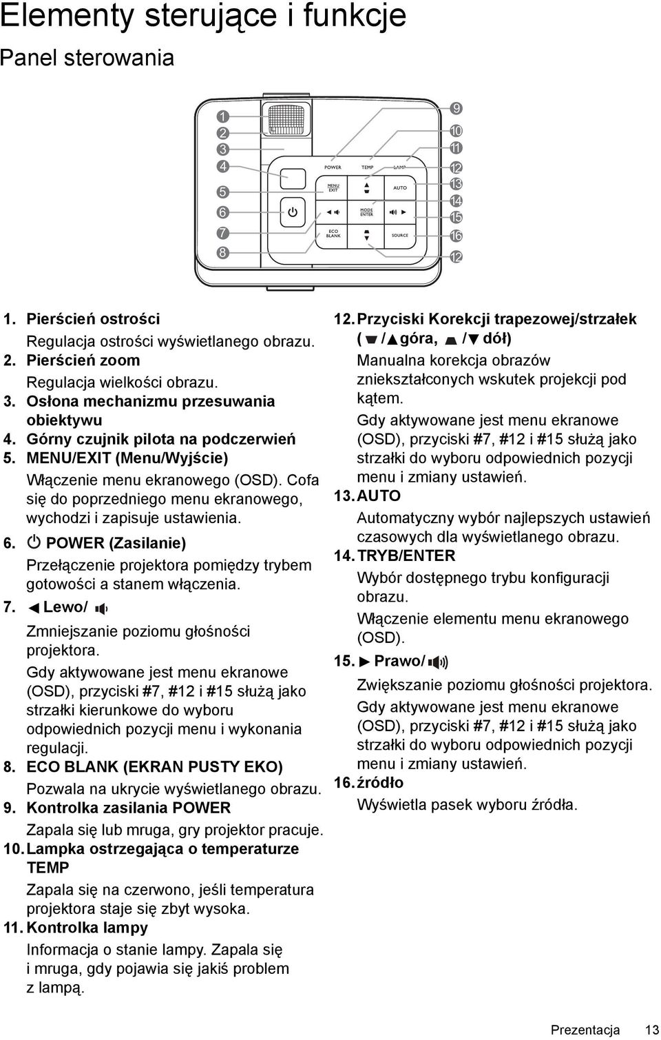 POWER (Zasilanie) Przełączenie projektora pomiędzy trybem gotowości a stanem włączenia. 7. Lewo/ Zmniejszanie poziomu głośności projektora.