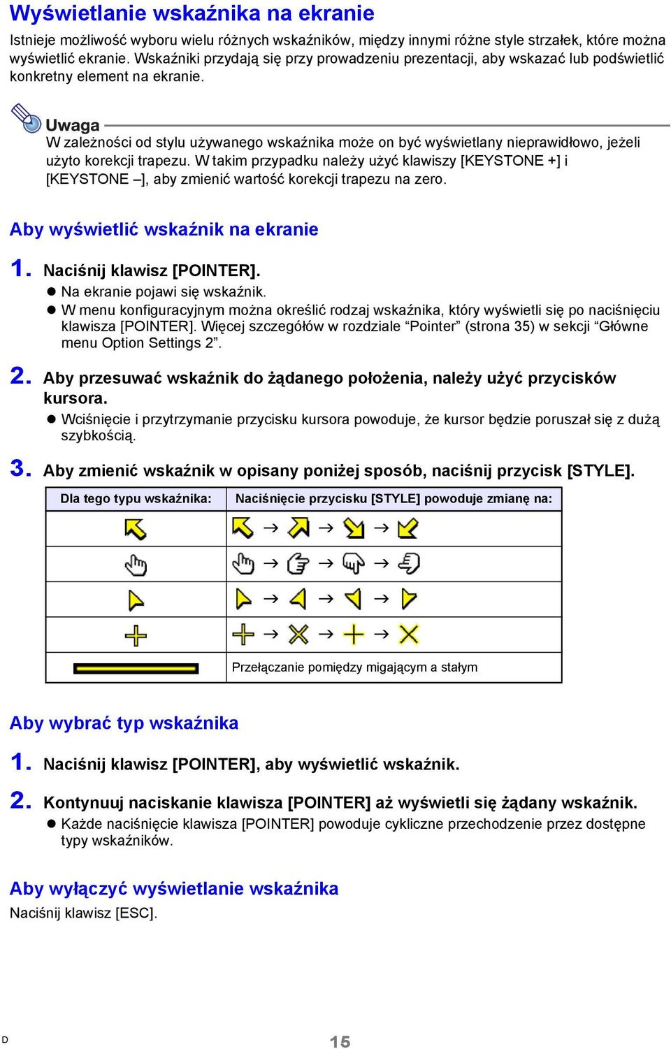 W zależności od stylu używanego wskaźnika może on być wyświetlany nieprawidłowo, jeżeli użyto korekcji trapezu.