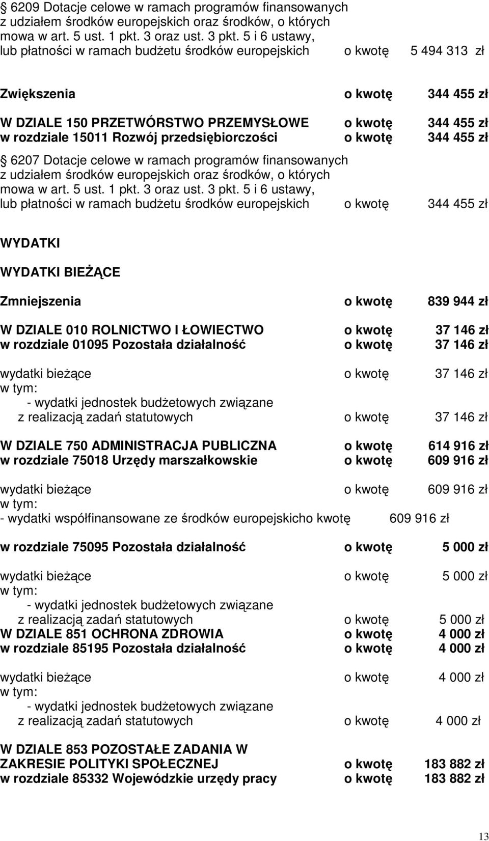 przedsiębiorczości o kwotę 344 455 zł 6207 Dotacje celowe w ramach programów finansowanych z udziałem środków europejskich oraz środków, o których mowa w art. 5 ust. 1 pkt. 3 oraz ust. 3 pkt.