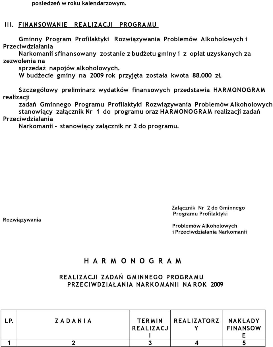 zezwolenia na sprzedaż napojów alkoholowych. W budżecie gminy na 2009 rok przyjęta została kwota 88.000 zł.