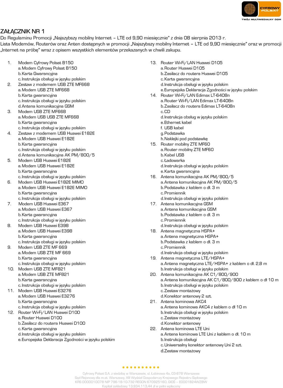 zakupu. 1. Modem Cyfrowy Polsat B150 a. Modem Cyfrowy Polsat B150 b. Karta Gwarancyjna 2. Zestaw z modemem USB ZTE MF668 a. Modem USB ZTE MF668 d. Antena komunikacyjna GSM 3. Modem USB ZTE MF668 a.