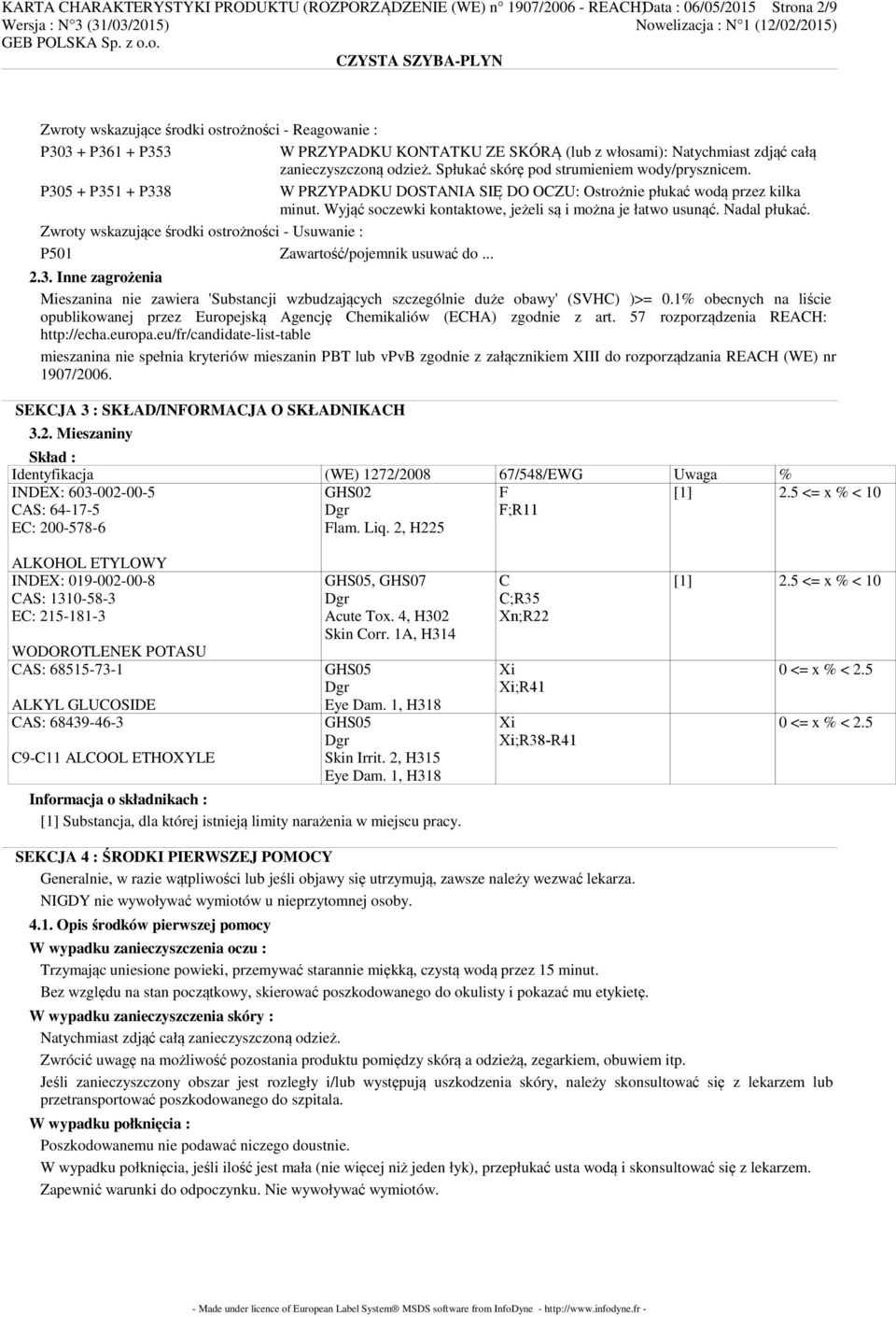 P305 + P351 + P338 W PRZYPADKU DOSTANIA SIĘ DO OCZU: Ostrożnie płukać wodą przez kilka minut. Wyjąć soczewki kontaktowe, jeżeli są i można je łatwo usunąć. Nadal płukać.