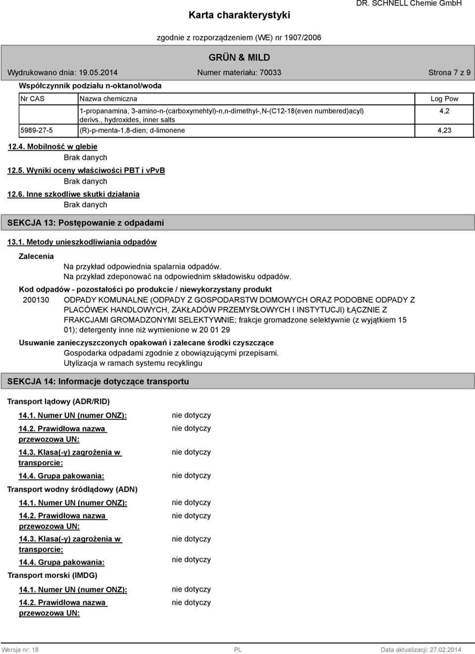 Inne szkodliwe skutki działania Brak danych SEKCJA 13: Postępowanie z odpadami 13.1. Metody unieszkodliwiania odpadów Zalecenia Na przykład odpowiednia spalarnia odpadów.