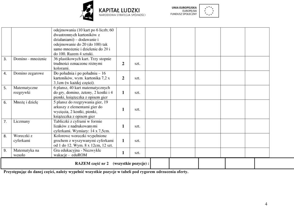 Matematyczne rozgrywki 3,1cm (w każdej części). 6 plansz, 40 kart matematycznych do gry, domino, żetony, 2 kostki i 4 pionki, książeczka z opisem gier 6.