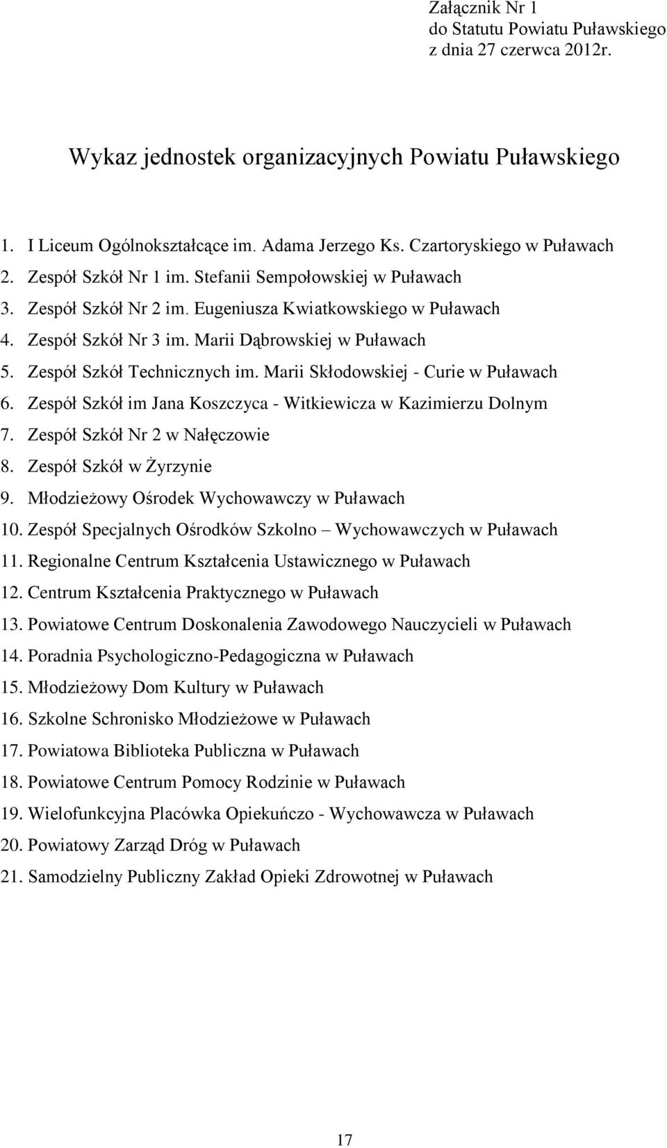 Marii Dąbrowskiej w Puławach 5. Zespół Szkół Technicznych im. Marii Skłodowskiej - Curie w Puławach 6. Zespół Szkół im Jana Koszczyca - Witkiewicza w Kazimierzu Dolnym 7.