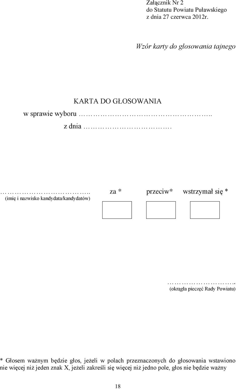 .. za * przeciw* wstrzymał się * (imię i nazwisko kandydata/kandydatów).