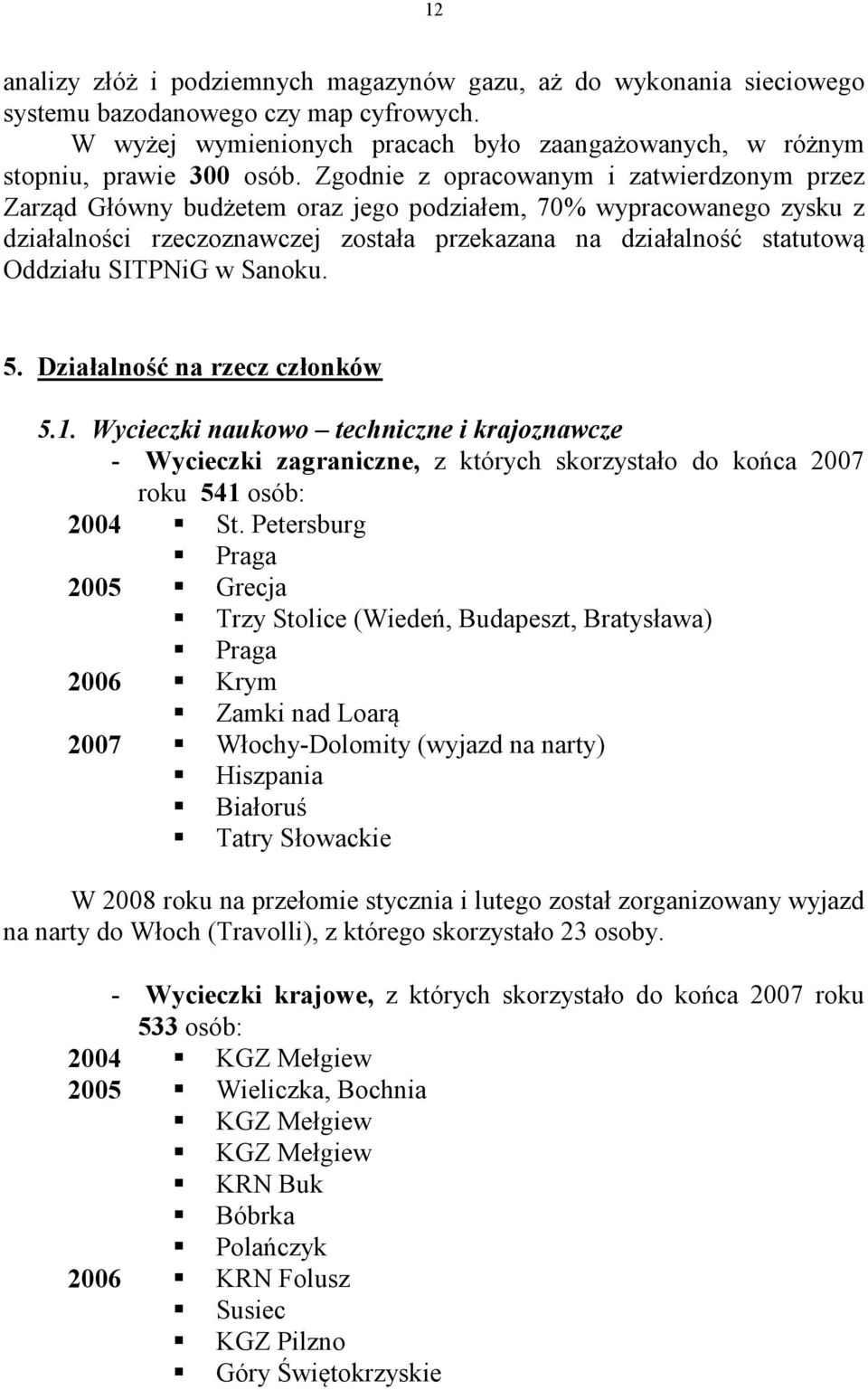 SITPNiG w Sanoku. 5. Działalność na rzecz członków 5.1. Wycieczki naukowo techniczne i krajoznawcze - Wycieczki zagraniczne, z których skorzystało do końca 2007 roku 541 osób: 2004 St.