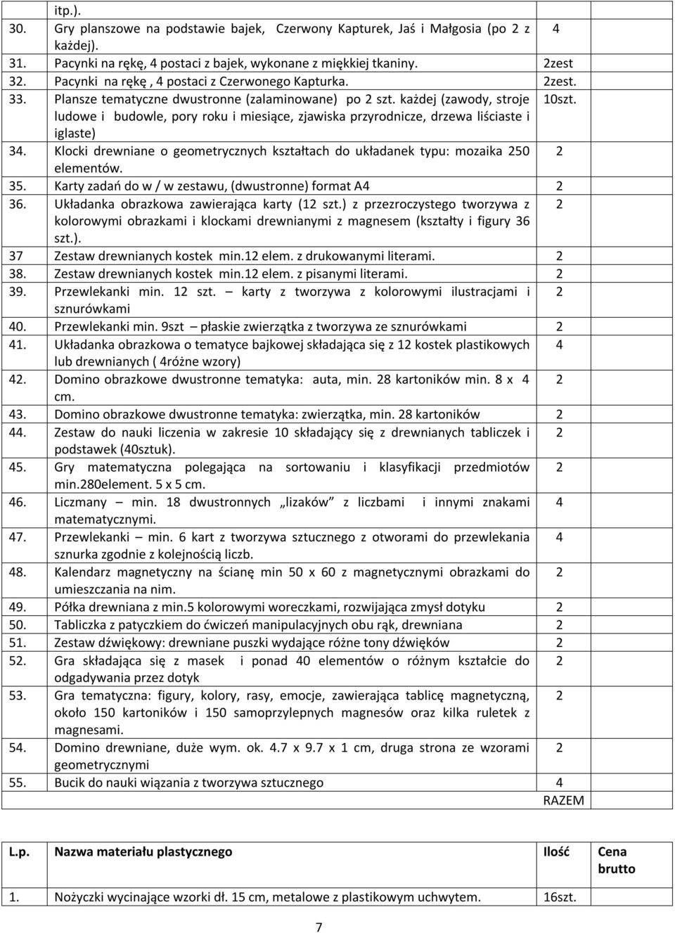 ludowe i budowle, pory roku i miesiące, zjawiska przyrodnicze, drzewa liściaste i iglaste) 34. Klocki drewniane o geometrycznych kształtach do układanek typu: mozaika 50 elementów. 35.