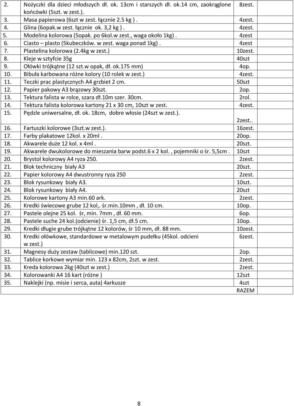 Kleje w sztyfcie 35g 40szt 9. Ołówki trójkątne (1 szt.w opak, dł. ok.175 mm) 4op. 10. Bibuła karbowana różne kolory (10 rolek w zest.) 4zest. 11. Teczki prac plastycznych A4 grzbiet cm. 50szt 1.