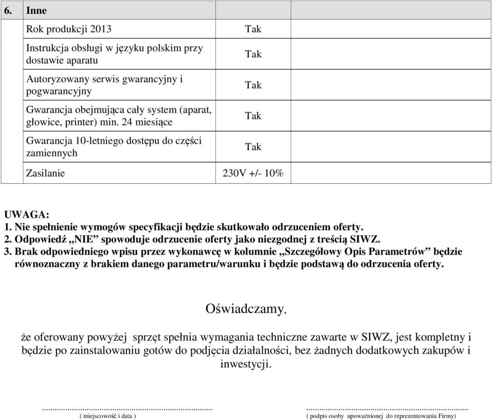 3. Brak odpowiedniego wpisu przez wykonawcę w kolumnie Szczegółowy Opis Parametrów będzie równoznaczny z brakiem danego parametru/warunku i będzie podstawą do odrzucenia oferty.