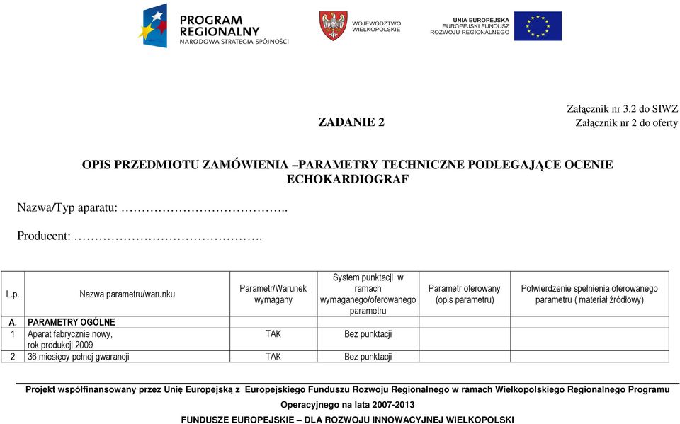 miesięcy pełnej gwarancji Parametr oferowany (opis parametru) Potwierdzenie spełnienia oferowanego parametru ( materiał źródłowy) Projekt współfinansowany przez Unię Europejską z