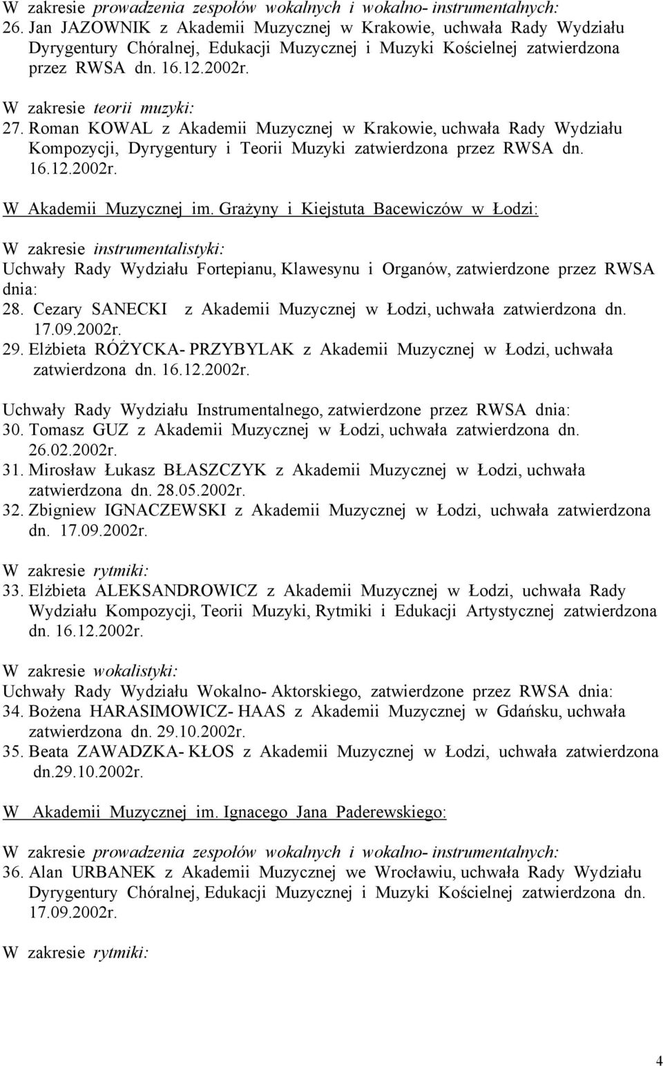 Roman KOWAL z Akademii Muzycznej w Krakowie, uchwała Rady Wydziału Kompozycji, Dyrygentury i Teorii Muzyki zatwierdzona przez RWSA dn. 16.12.2002r. W Akademii Muzycznej im.