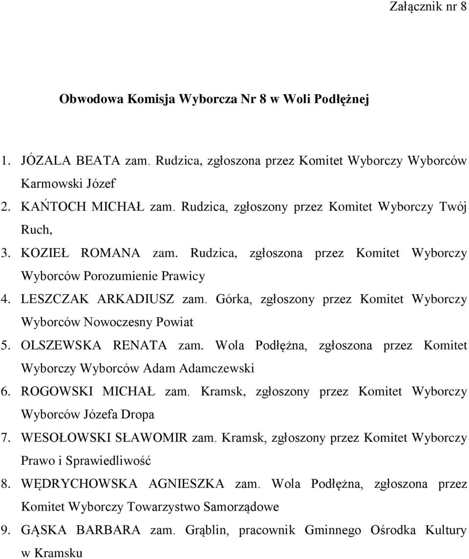 Górka, zgłoszony przez Komitet Wyborczy Wyborców Nowoczesny Powiat 5. OLSZEWSKA RENATA zam. Wola Podłężna, zgłoszona przez Komitet Wyborczy Wyborców Adam Adamczewski 6. ROGOWSKI MICHAŁ zam.