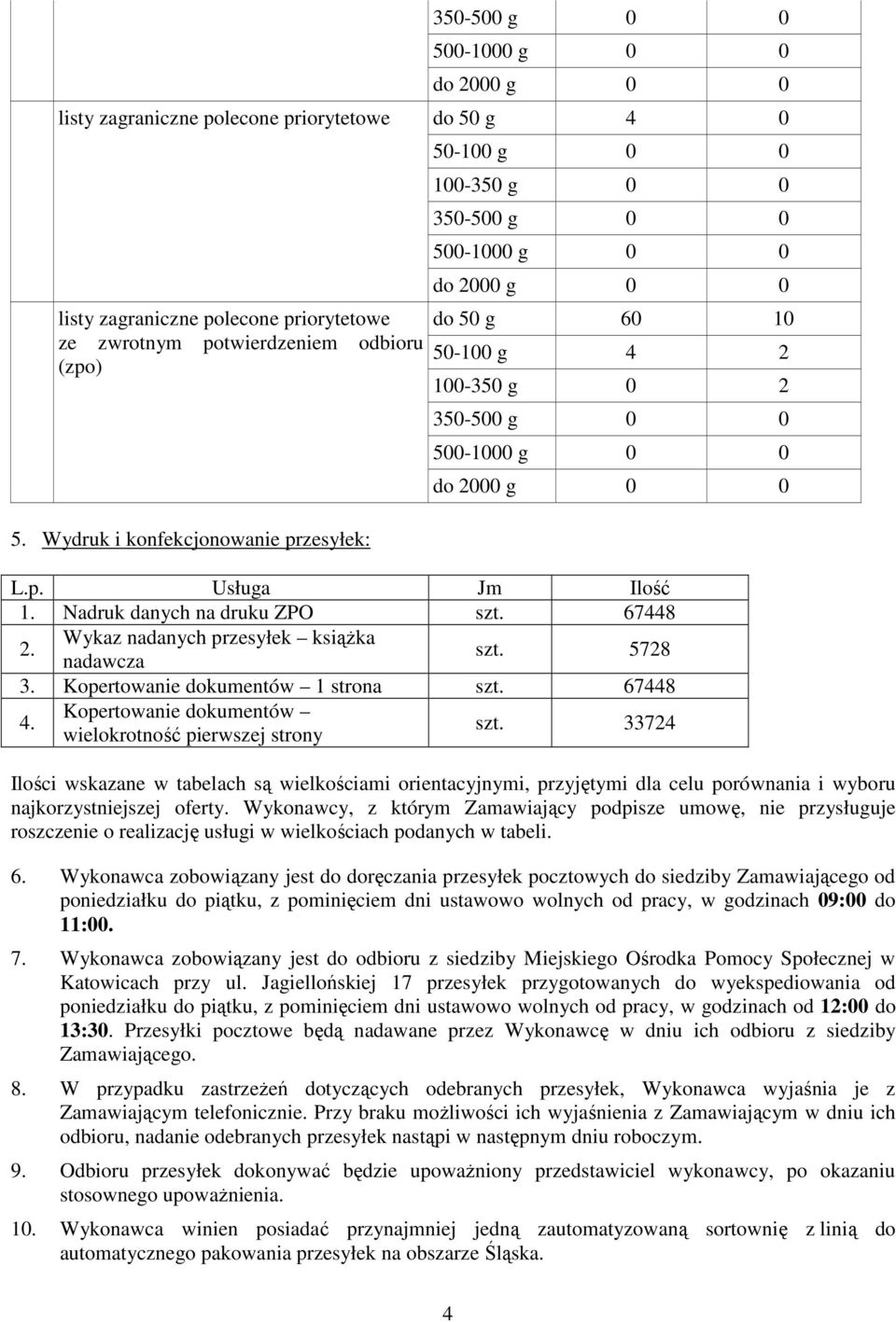 0 0 L.p. Usługa Jm Ilość 1. Nadruk danych na druku ZPO szt. 67448 2. Wykaz nadanych przesyłek książka nadawcza szt. 5728 3. Kopertowanie dokumentów 1 strona szt. 67448 4.