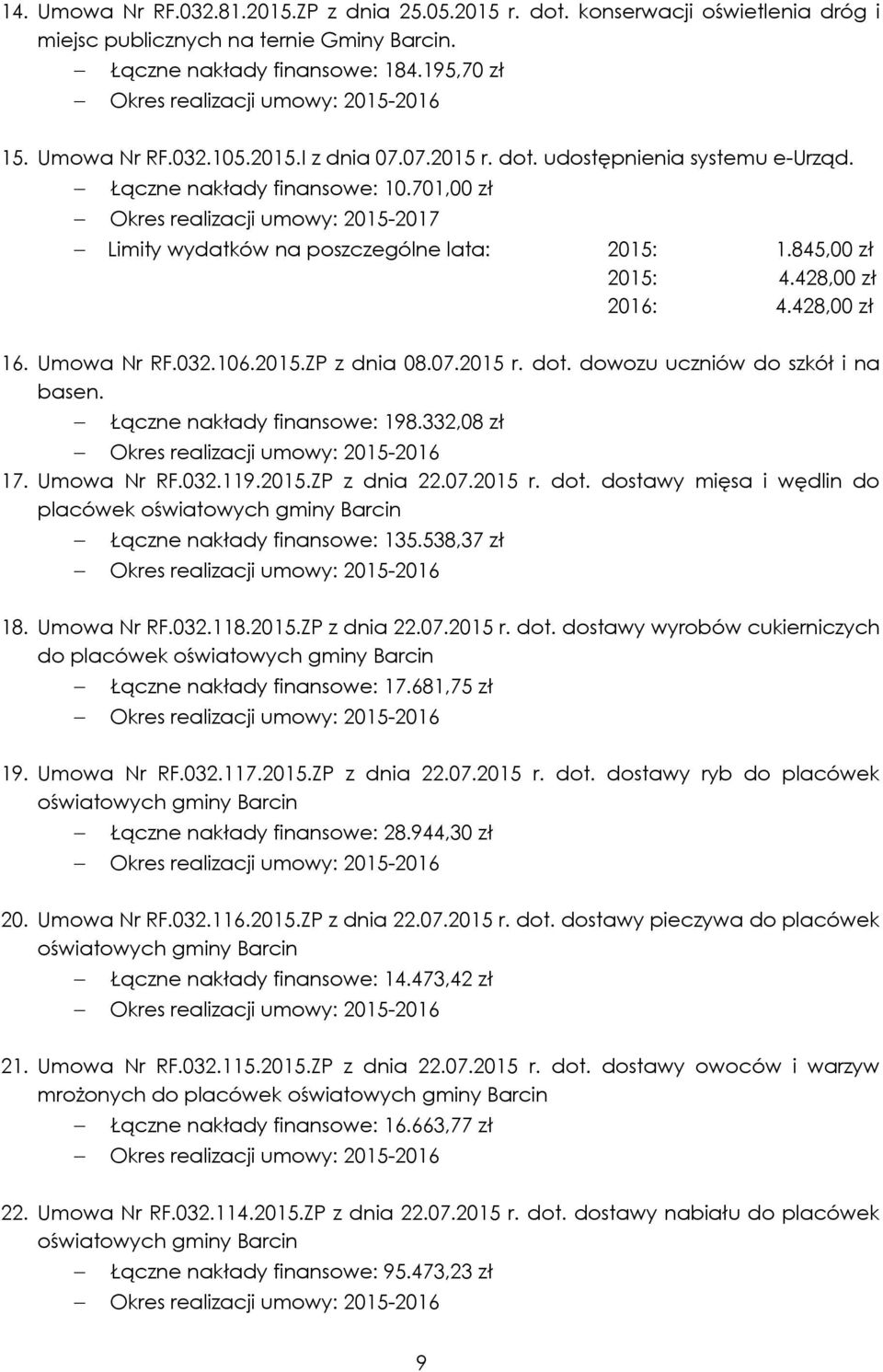 428,00 zł 2016: 4.428,00 zł 16. Umowa Nr RF.032.106..ZP z dnia 08.07. r. dot. dowozu uczniów do szkół i na basen. - Łączne nakłady finansowe: 198.332,08 zł 17. Umowa Nr RF.032.119..ZP z dnia 22.07. r. dot. dostawy mięsa i wędlin do placówek oświatowych gminy Barcin - Łączne nakłady finansowe: 135.