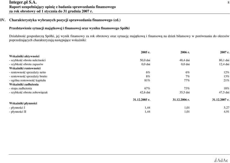 bilansowy w porównaniu do okresów poprzedzających charakteryzują następujące wskaźniki: 2005 r. 2006 r. 2007 r.