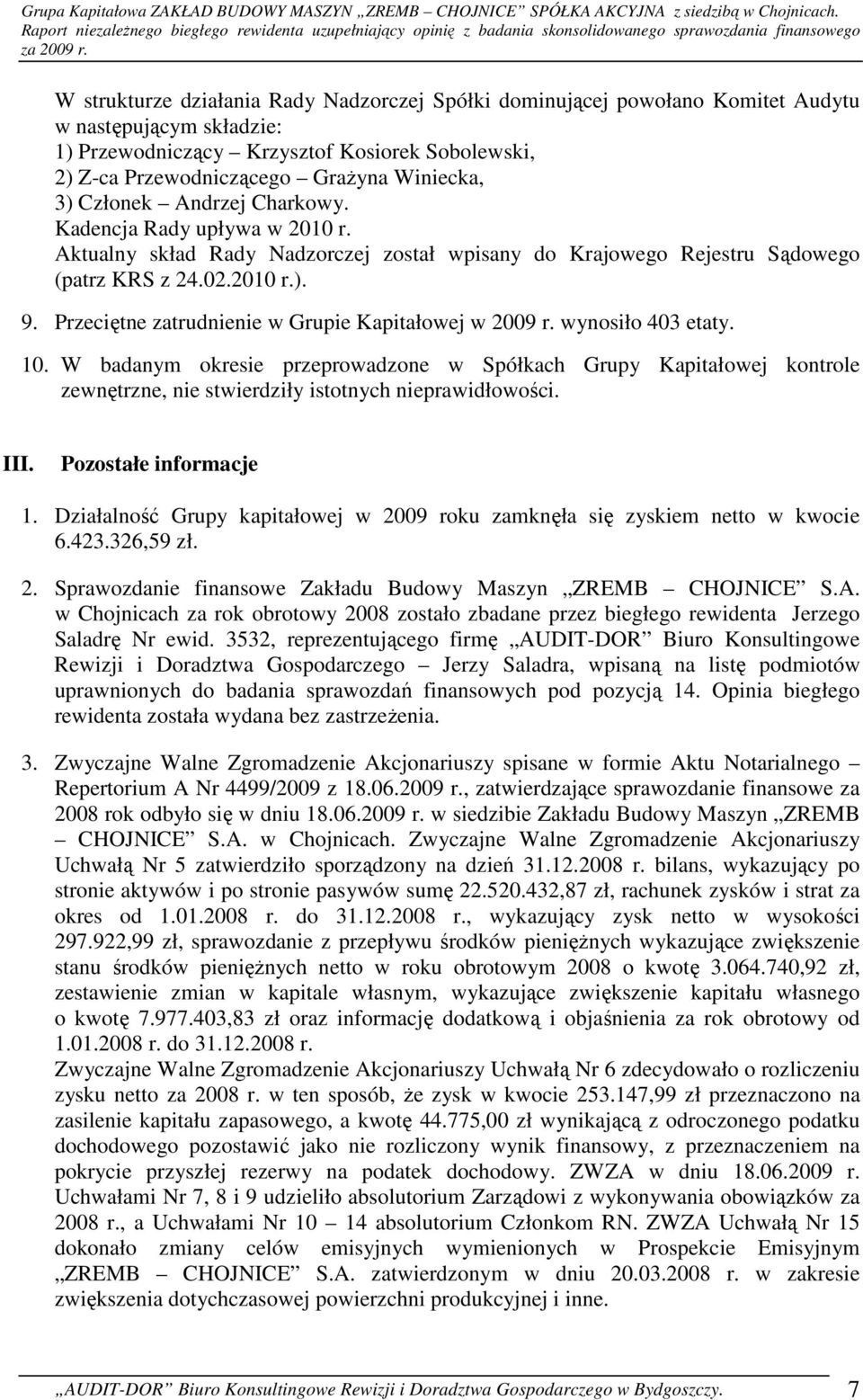 Przeciętne zatrudnienie w Grupie Kapitałowej w 2009 r. wynosiło 403 etaty. 10.