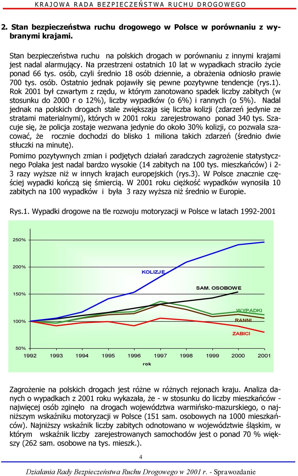 1). Rok 2001 był czwartym z rzędu, w którym zanotowano spadek liczby zabitych (w stosunku do 2000 r o 12%), liczby wypadków (o 6%) i rannych (o 5%).