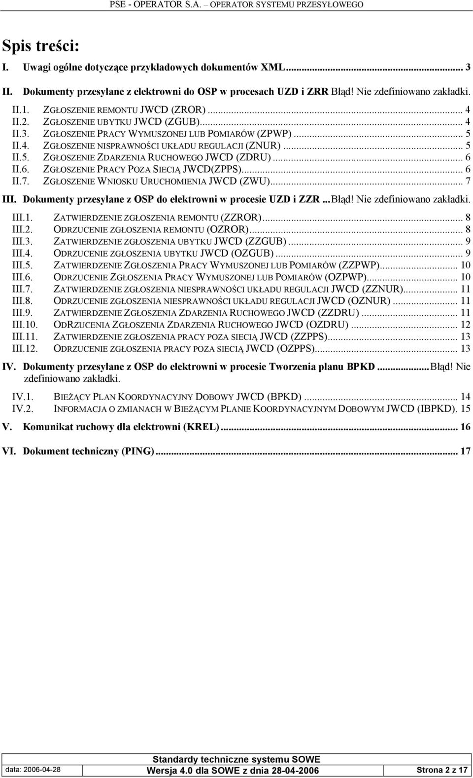 .. 6 II.6. ZGŁOSZENIE PRACY POZA SIECIĄ JWCD(ZPPS)... 6 II.7. ZGŁOSZENIE WNIOSKU URUCHOMIENIA JWCD (ZWU)... 7 III. Dokumenty przesyłane z OSP do elektrowni w procesie UZD i ZZR...Błąd!