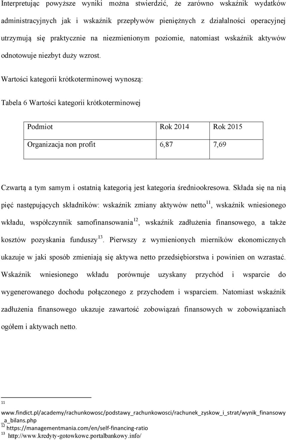 Wartości kategorii krótkoterminowej wynoszą: Tabela 6 Wartości kategorii krótkoterminowej Podmiot Rok 2014 Rok 2015 Organizacja non profit 6,87 7,69 Czwartą a tym samym i ostatnią kategorią jest