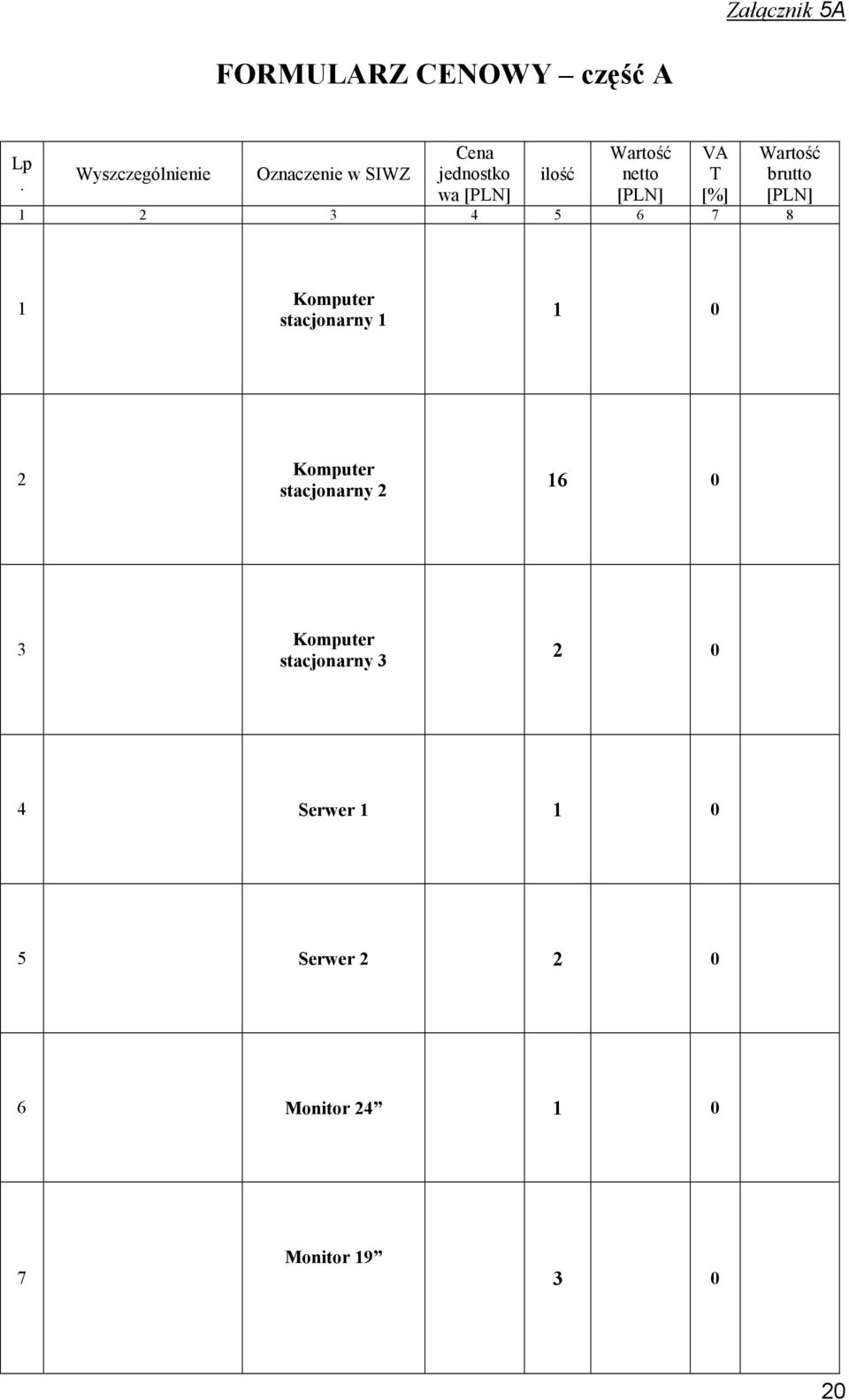 [PLN] 1 2 3 4 5 6 7 8 VA T [%] Wartość brutto [PLN] 1 Komputer stacjonarny 1 1 0