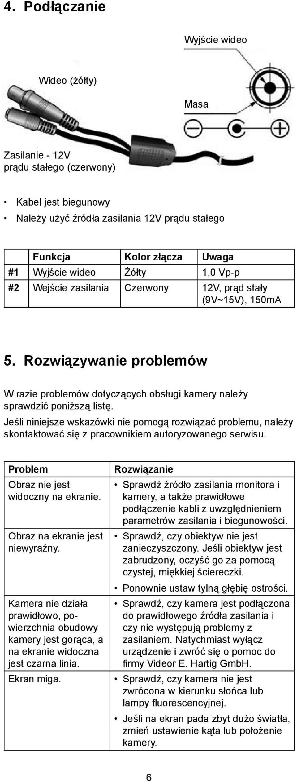 (9V~15V), 150mA 5. Rozwiązywanie problemów W razie problemów dotyczących obsługi kamery należy sprawdzić poniższą listę. Jeśli niniejsze wskazówki nie pomogą rozwiązać problemu, należy.