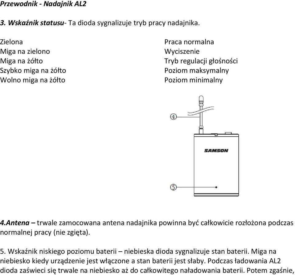 minimalny 4.Antena trwale zamocowana antena nadajnika powinna być całkowicie rozłożona podczas normalnej pracy (nie zgięta). 5.