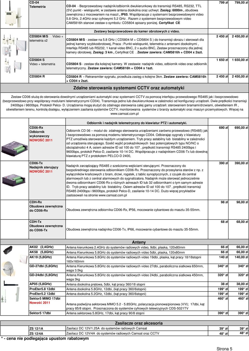 Razem z systemem bezprzewodowym video CAM5816h stanowi zestaw o symbolu: CD5804 opisany poniżej. Certyfikat CE Zestawy bezprzewodowe do kamer obrotowych z video. CD5804 M/S - zestaw na 5.