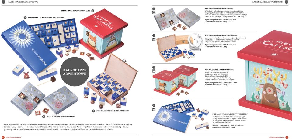 Wymiary opakowania: 80xx8 mm Masa netto minimum: 80 g 7 KALENDARZ ADWENTOWY PREMIUM Luksusowy kalendarz adwentowy w jasnej drewnianej szkatułce z kartonikami, wewnątrz których znajdują się pyszne