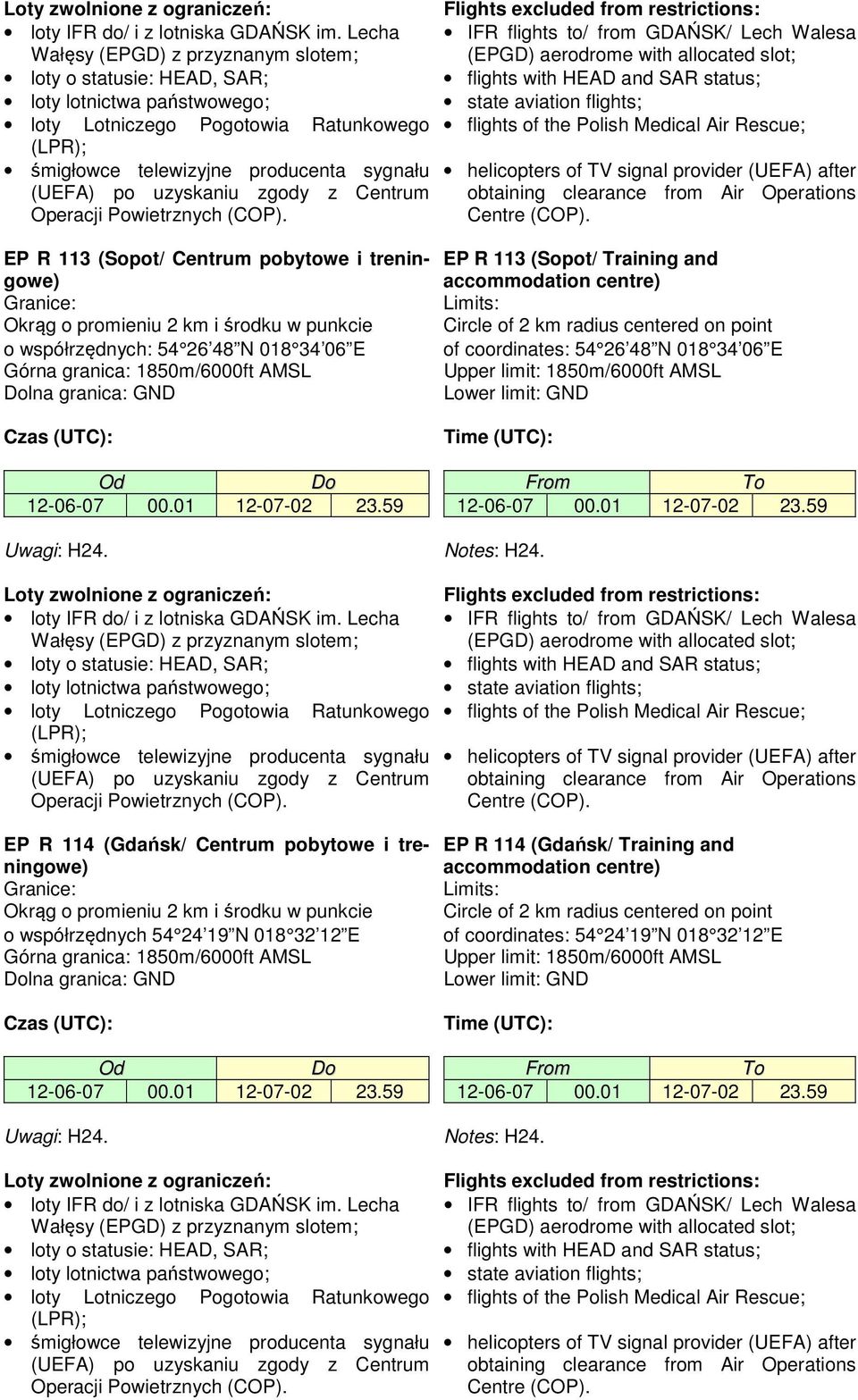 018 34 06 E EP R 113 (Sopot/ Training and of coordinates: 54 26 48 N 018 34 06 E  Lecha Wałęsy (EPGD) z przyznanym slotem; IFR flights to/ from GDAŃSK/ Lech Walesa (EPGD) aerodrome with allocated