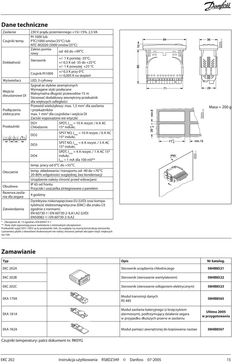 2,5 VA Pt 1000 lub PTC(1000 omów/25 C) lub NTC-M2020 (5000 omów/25 C) Zakres pomia- od -60 do +99 C rowy +/- 1 K poniżej -35 C; Sterownik +/-0,5 K od -35 do +25 C +/- 1 K powyżej +25 C +/-0,3 K przy