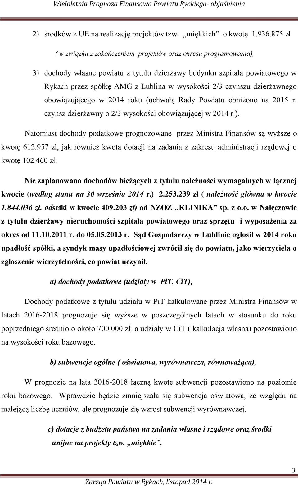 czynszu dzierżawnego obowiązującego w 2014 roku (uchwałą Rady Powiatu obniżono na 2015 r. czynsz dzierżawny o 2/3 wysokości obowiązującej w 2014 r.).