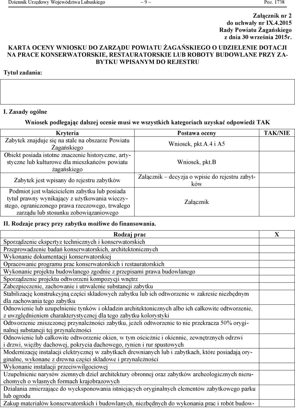 Zasady ogólne Wniosek podlegając dalszej ocenie musi we wszystkich kategoriach uzyskać odpowiedź TAK Kryteria Postawa oceny TAK/NIE Zabytek znajduje się na stale na obszarze Powiatu Żagańskiego