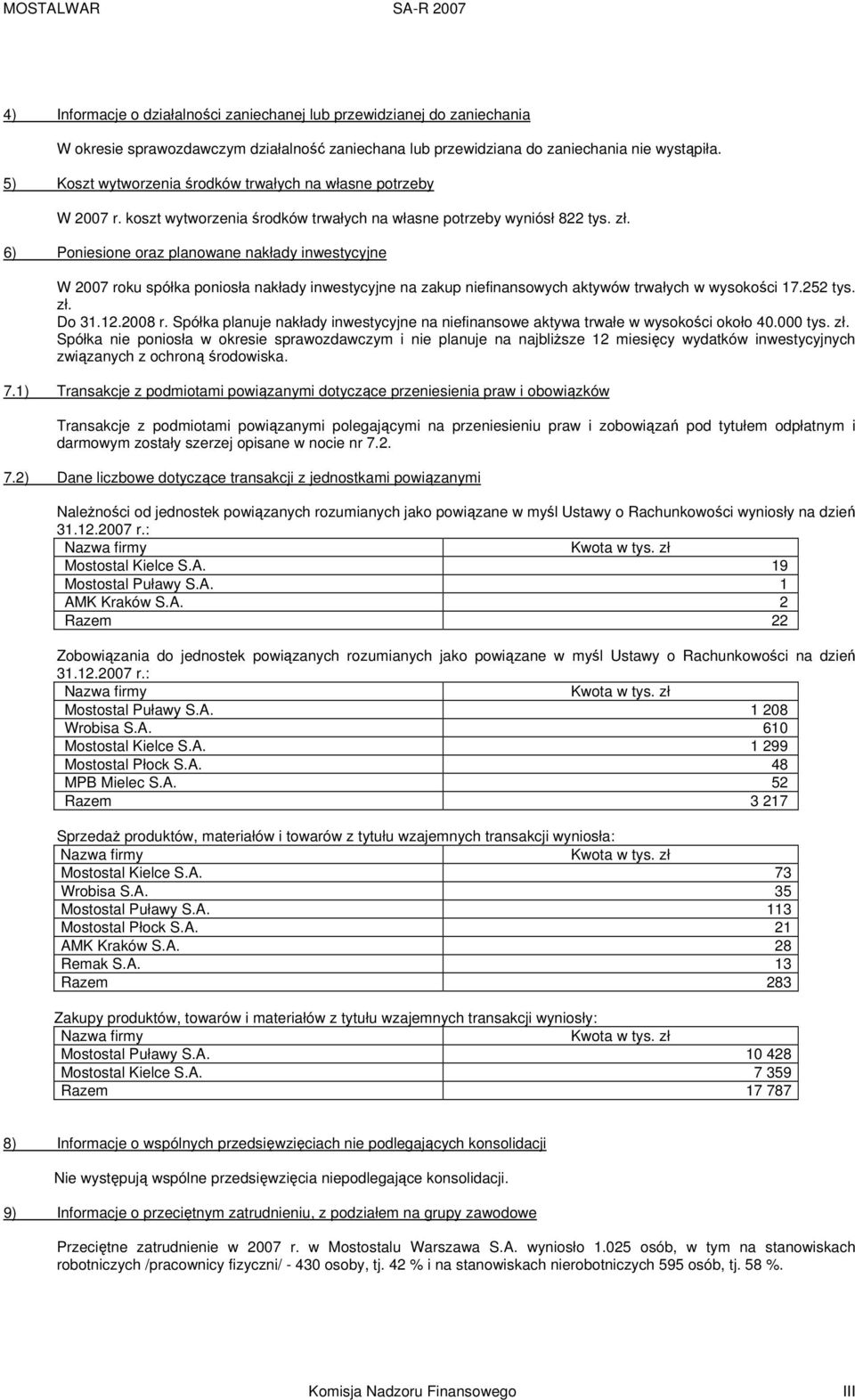 6) Poniesione oraz planowane nakłady inwestycyjne W 2007 roku spółka poniosła nakłady inwestycyjne na zakup niefinansowych aktywów trwałych w wysokości 17.252 tys. zł. Do 31.12.2008 r.