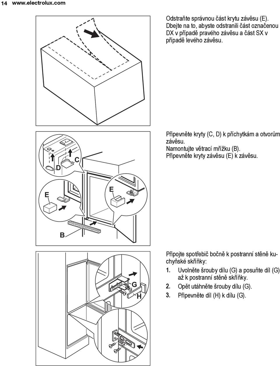 D C Připevněte kryty (C, D) k příchytkám a otvorům závěsu. Namontujte větrací mřížku (B). Připevněte kryty závěsu (E) k závěsu.