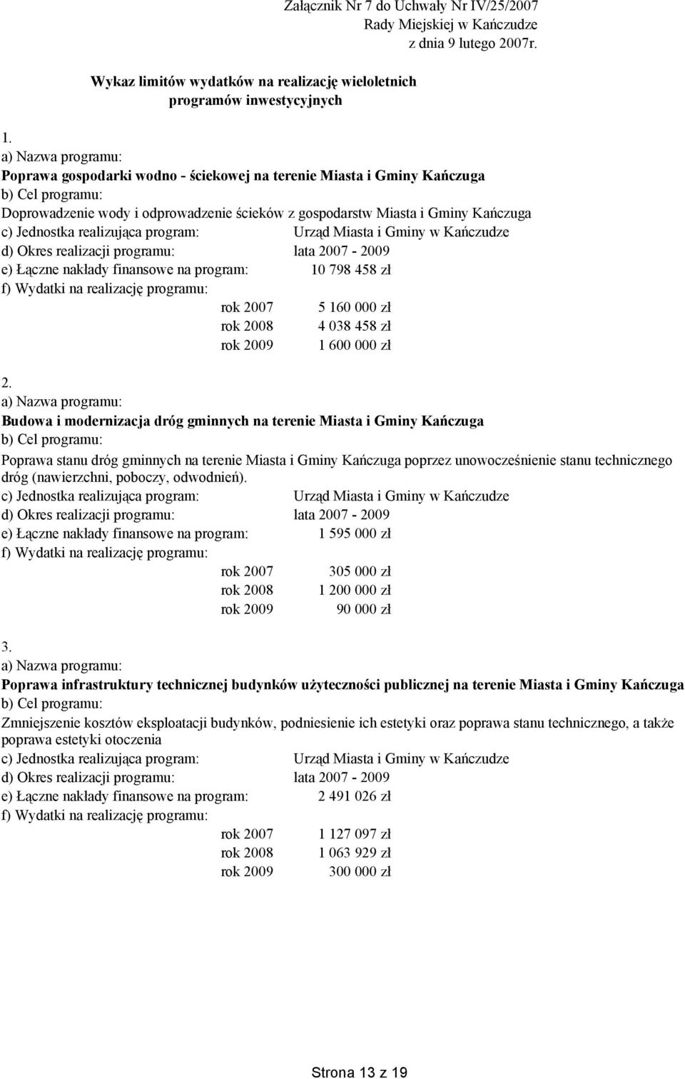 Jednostka realizująca program: Urząd Miasta i Gminy w Kańczudze d) Okres realizacji programu: lata 2007-2009 e) Łączne nakłady finansowe na program: f) Wydatki na realizację programu: rok 2007 rok