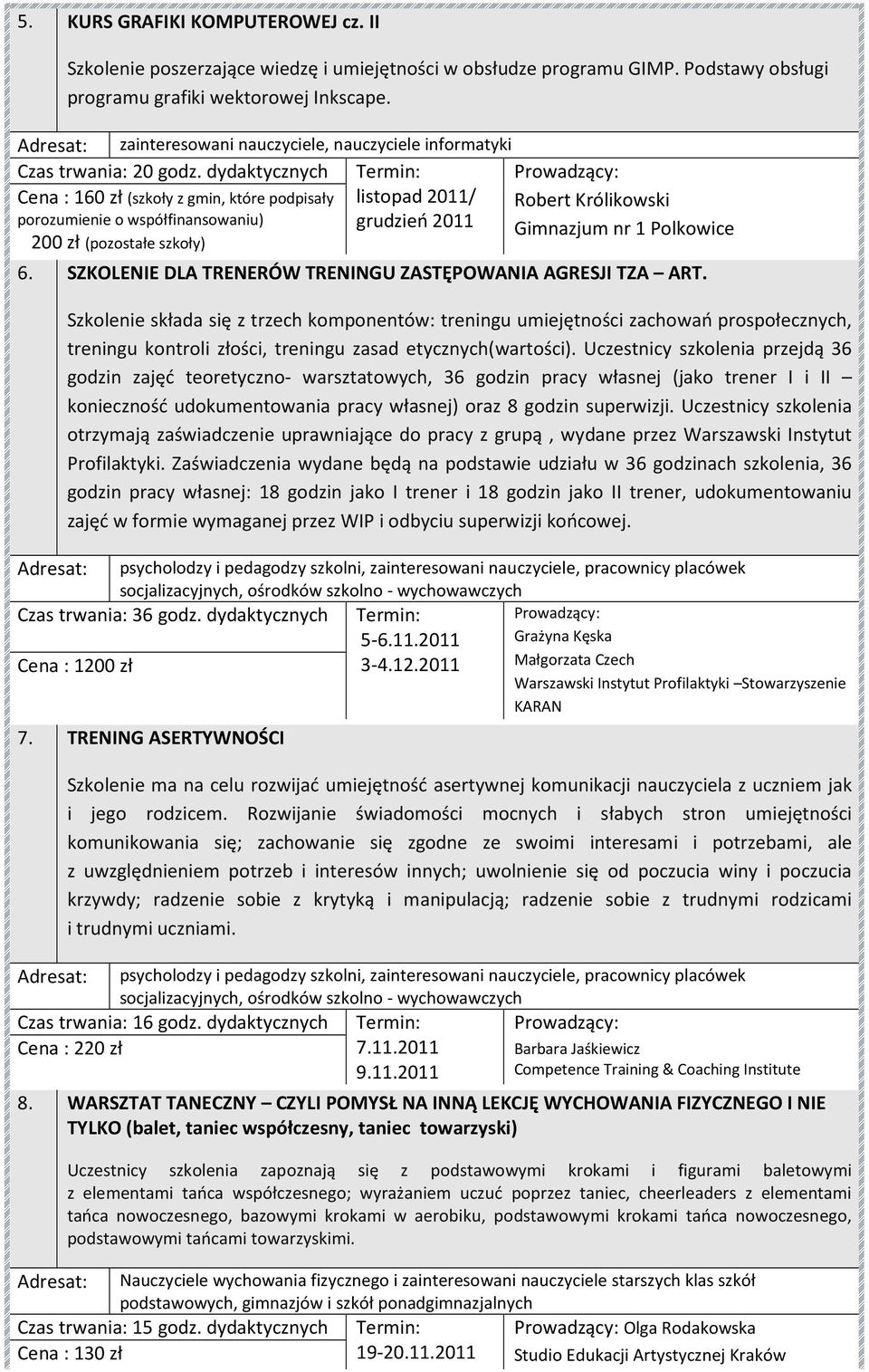 dydaktycznych listopad 2011/ grudzień 2011 Cena : 160 zł (szkoły z gmin, które podpisały porozumienie o współfinansowaniu) 200 zł (pozostałe szkoły) Robert Królikowski Gimnazjum nr 1 Polkowice 6.