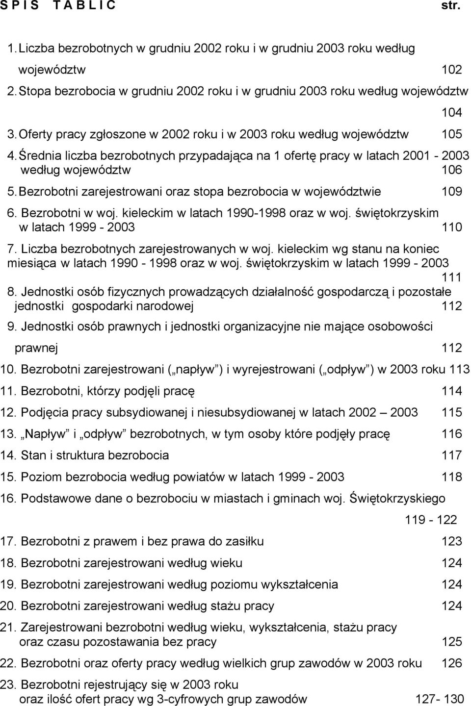 Bezrobotni zarejestrowani oraz stopa bezrobocia w województwie 109 6. Bezrobotni w woj. kieleckim w latach 1990-1998 oraz w woj. świętokrzyskim w latach 1999-2003 110 7.