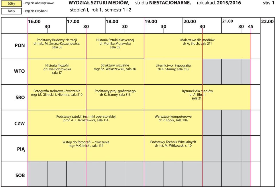 Bloch, sala 211 Historia filozofii dr Ewa Bobrowska sala 17 Struktury wizualne mgr Sz.