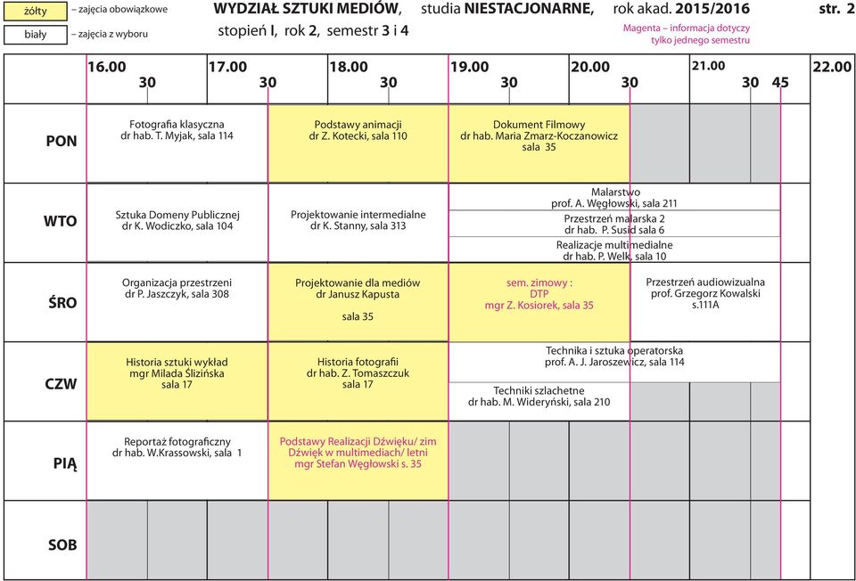 Jaszczyk, sala 308 Projektowanie dla mediów dr Janusz Kapusta sem. zimowy : DTP mgr Z. Kosiorek, Przestrzeń audiowizualna prof. Grzegorz Kowalski s.