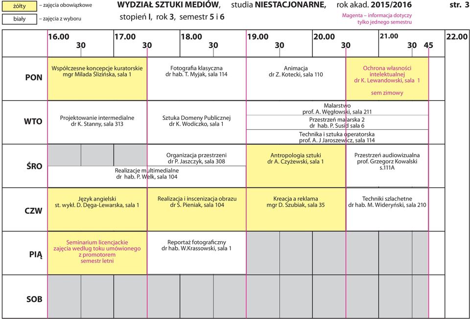 J Jaroszewicz, sala 114 Realizacje multimedialne dr hab. P. Welk, sala 104 Organizacja przestrzeni dr P. Jaszczyk, sala 308 Antropologia sztuki dr A. Czyżewski, sala 1 Przestrzeń audiowizualna prof.