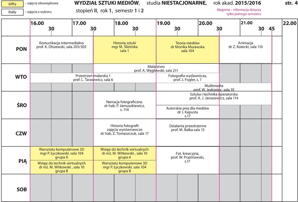 114 Fotografia wydawnicza, prof. J. Fogler, s. 1 Autorskie proj dla mediów dr J. Kapusta s.17 Multimedia prof. W.