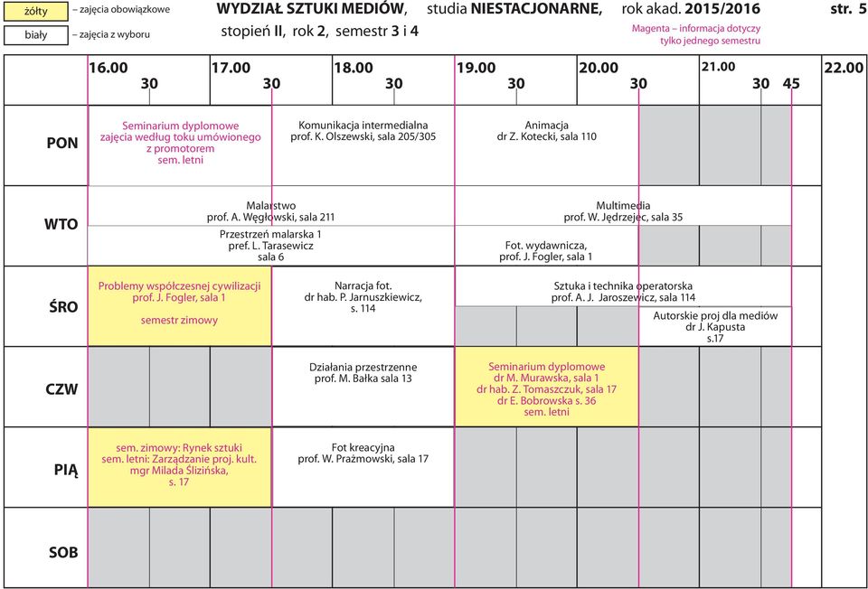 114 Sztuka i technika operatorska Autorskie proj dla mediów dr J. Kapusta s.17 Działania przestrzenne prof. M. Bałka sala 13 Seminarium dyplomowe dr M. Murawska, sala 1 dr hab. Z.