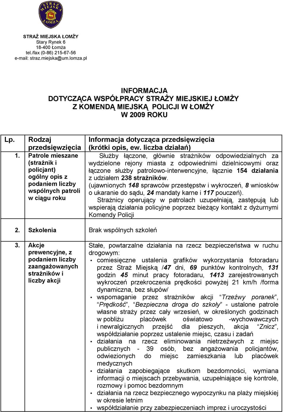 Patrole mieszane (strażnik i policjant) ogólny opis z podaniem liczby wspólnych patroli w ciągu roku Informacja dotycząca przedsięwzięcia (krótki opis, ew.