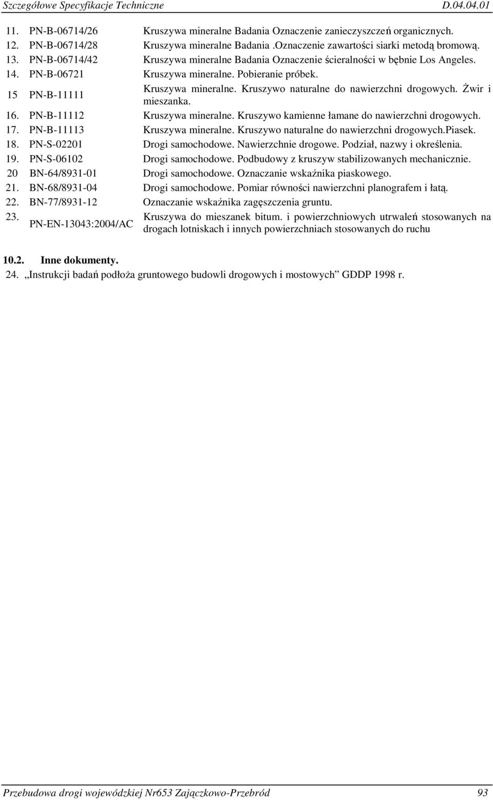 15 PN-B-11111 Kruszywa mineralne. Kruszywo naturalne do nawierzchni drogowych. świr i mieszanka. 16. PN-B-11112 Kruszywa mineralne. Kruszywo kamienne łamane do nawierzchni drogowych. 17.