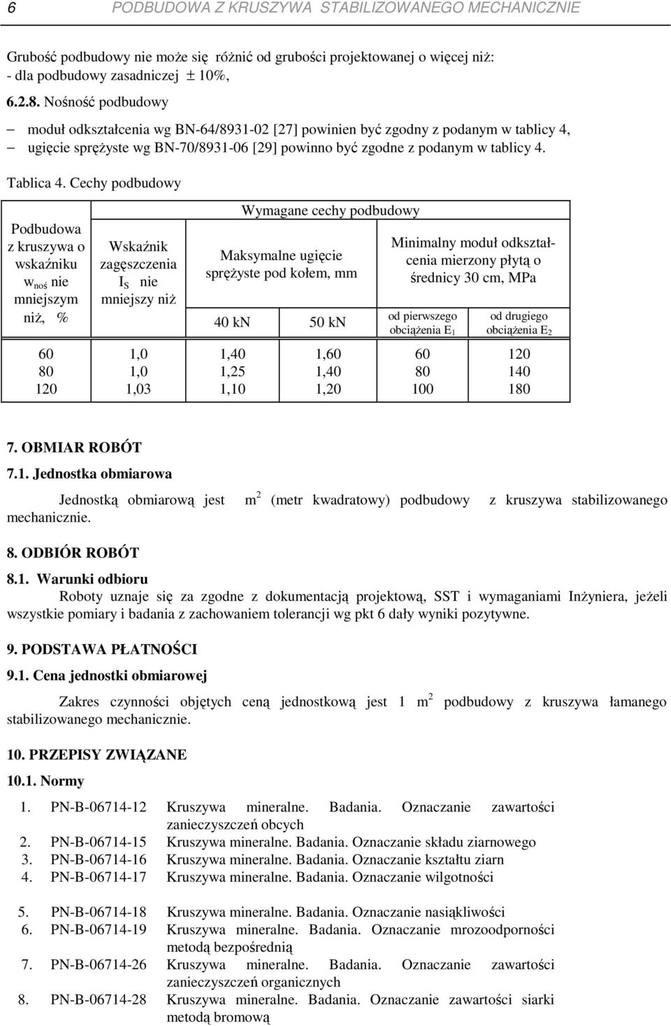 Cechy podbudowy Podbudowa z kruszywa o wskaźniku w noś nie mniejszym Wskaźnik zagęszczenia I S nie mniejszy niŝ Wymagane cechy podbudowy Maksymalne ugięcie spręŝyste pod kołem, mm niŝ, % 40 kn 50 kn