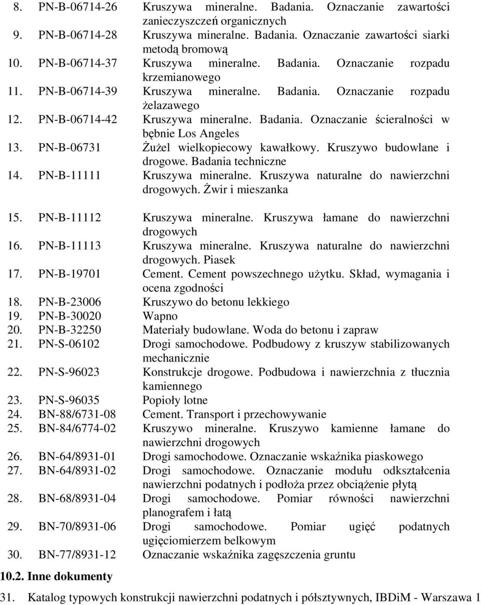 PN-B-06731 Żużel wielkopiecowy kawałkowy. Kruszywo budowlane i drogowe. Badania techniczne 14. PN-B-11111 Kruszywa mineralne. Kruszywa naturalne do nawierzchni drogowych. Żwir i mieszanka 15.